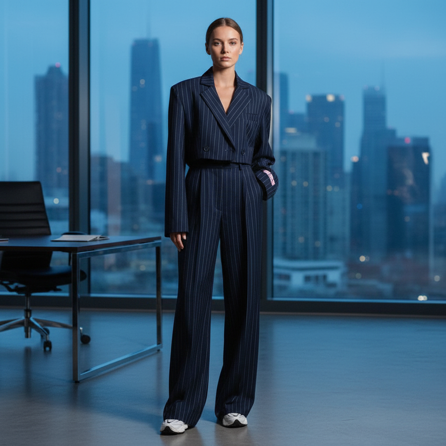 Dameskostuum met krijtstreep, bestaande uit cropped blazer en wijde broek