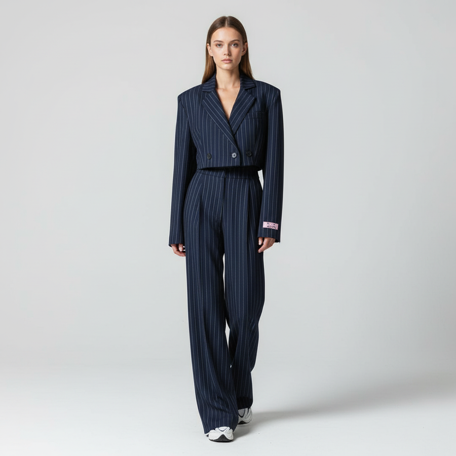 Dameskostuum met krijtstreep, bestaande uit cropped blazer en wijde broek