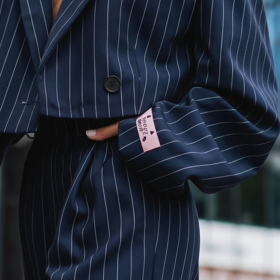 Dameskostuum met krijtstreep, bestaande uit cropped blazer en wijde broek