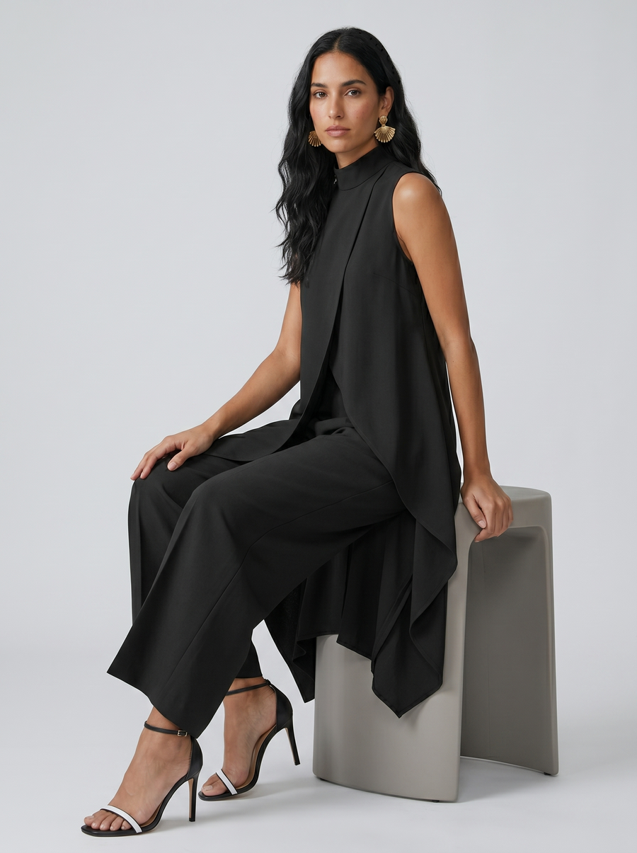 Damen Sleeveless Oberteil mit Stehkragen und weite Hose Set