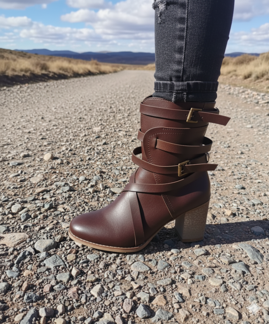 Damen Stiefelette mit Riemen und Blockabsatz