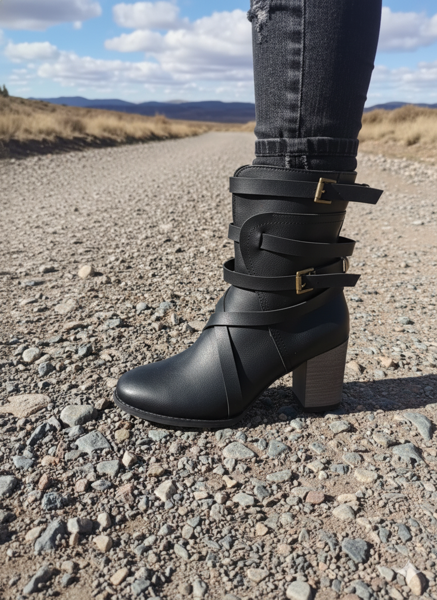 Damen Stiefelette mit Riemen und Blockabsatz