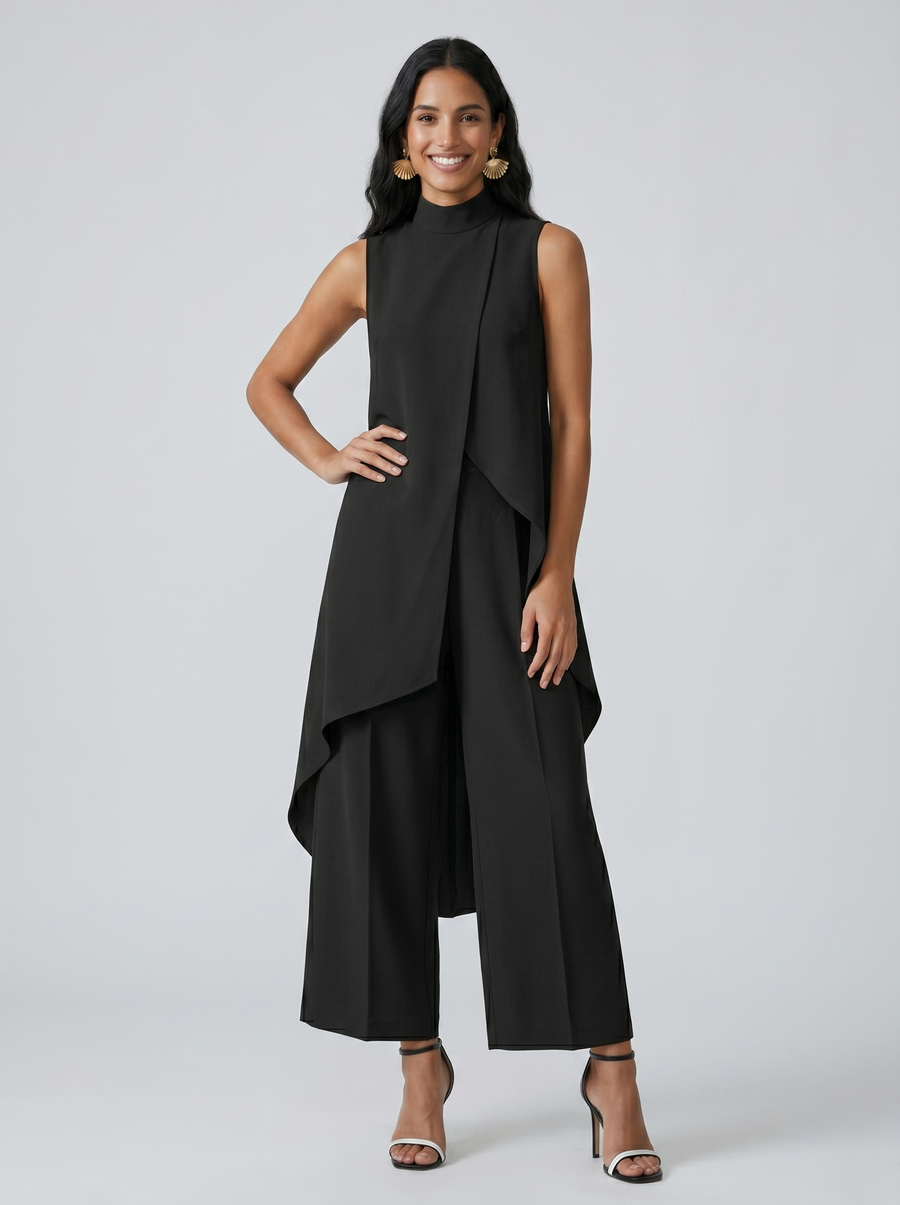 Damen Sleeveless Oberteil mit Stehkragen und weite Hose Set