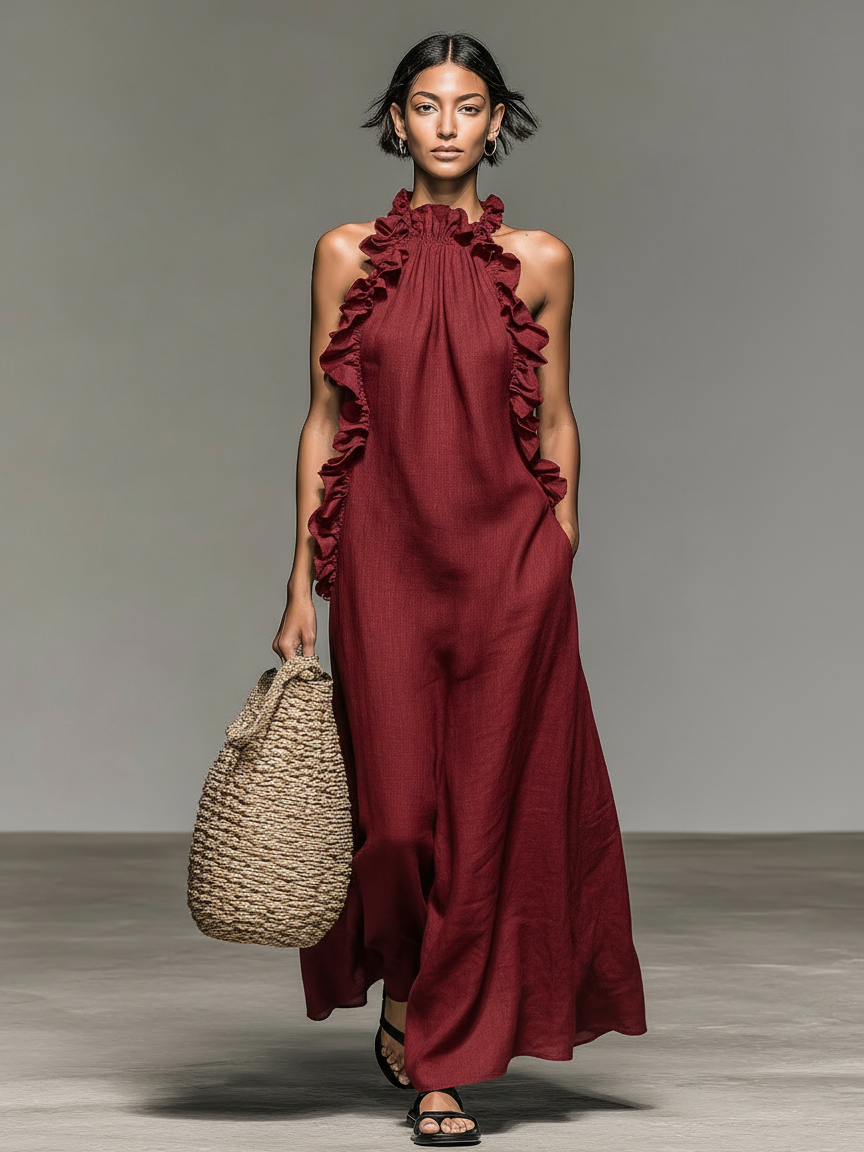 Damen Maxikleid mit Rüschenkragen und Volants, ärmelloses Sommerkleid mit Halfterausschnitt