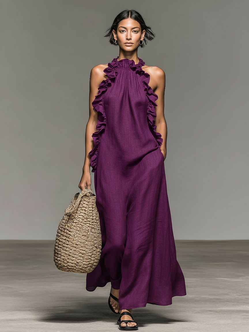 Damen Maxikleid mit Rüschenkragen und Volants, ärmelloses Sommerkleid mit Halfterausschnitt