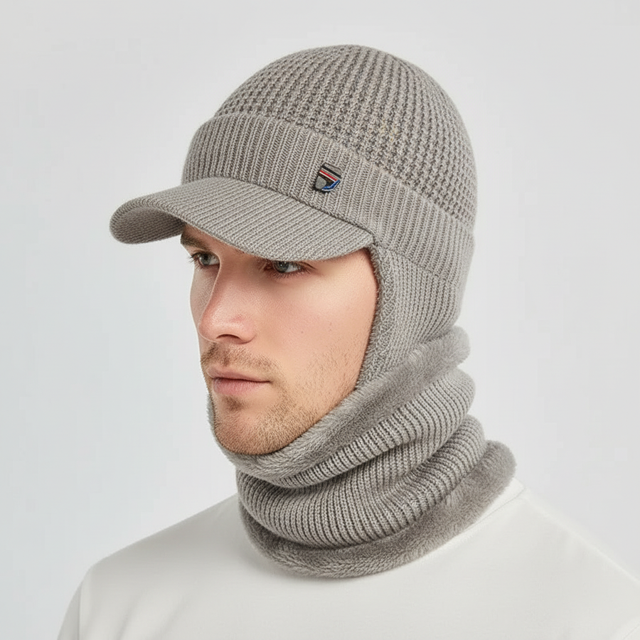 Wintermuts voor heren met klep & nekwarmer, gevoerde gebreide muts