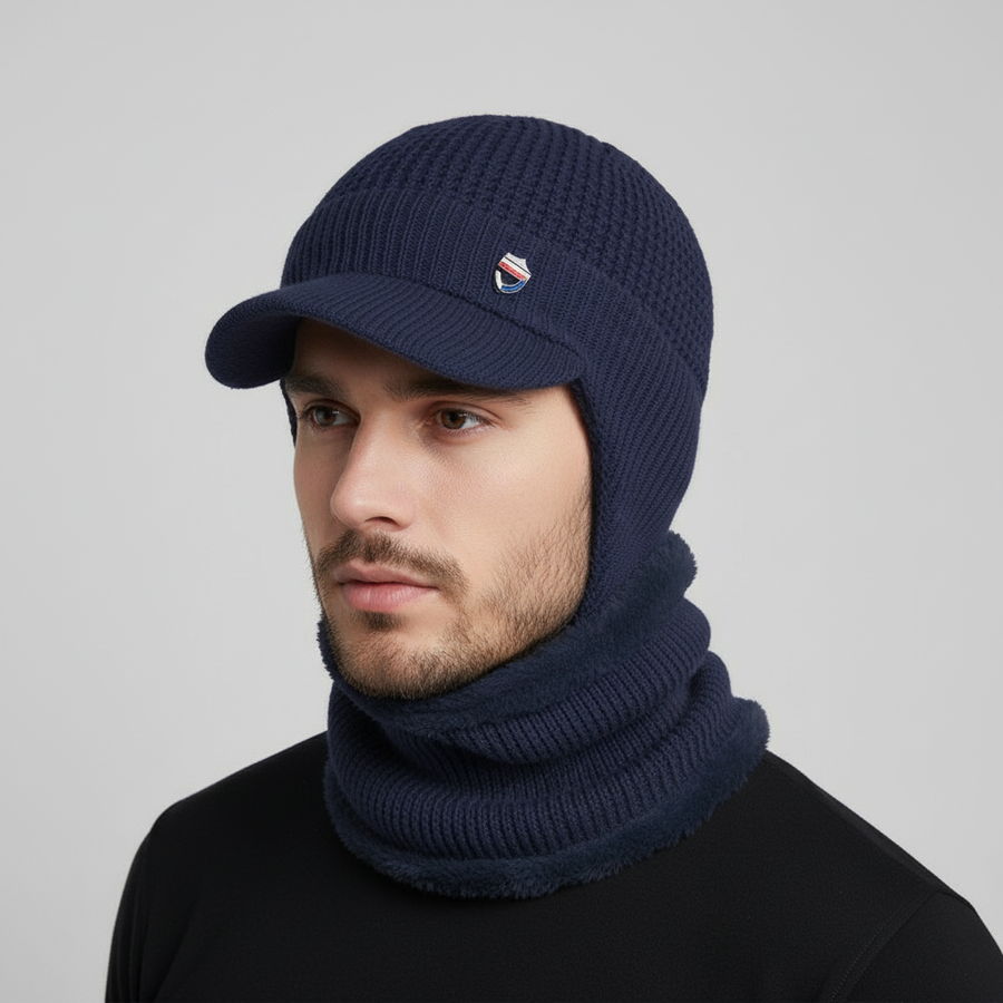 Wintermuts voor heren met klep & nekwarmer, gevoerde gebreide muts
