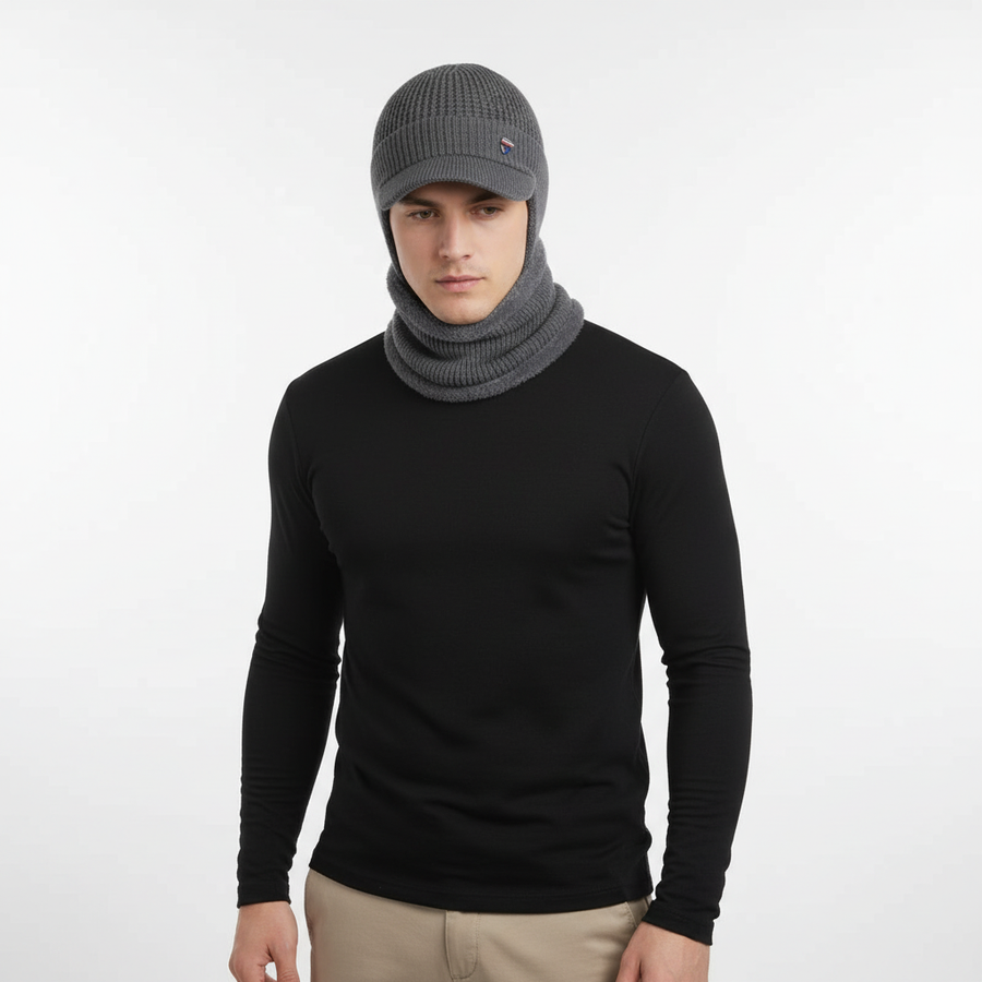 Wintermuts voor heren met klep & nekwarmer, gevoerde gebreide muts