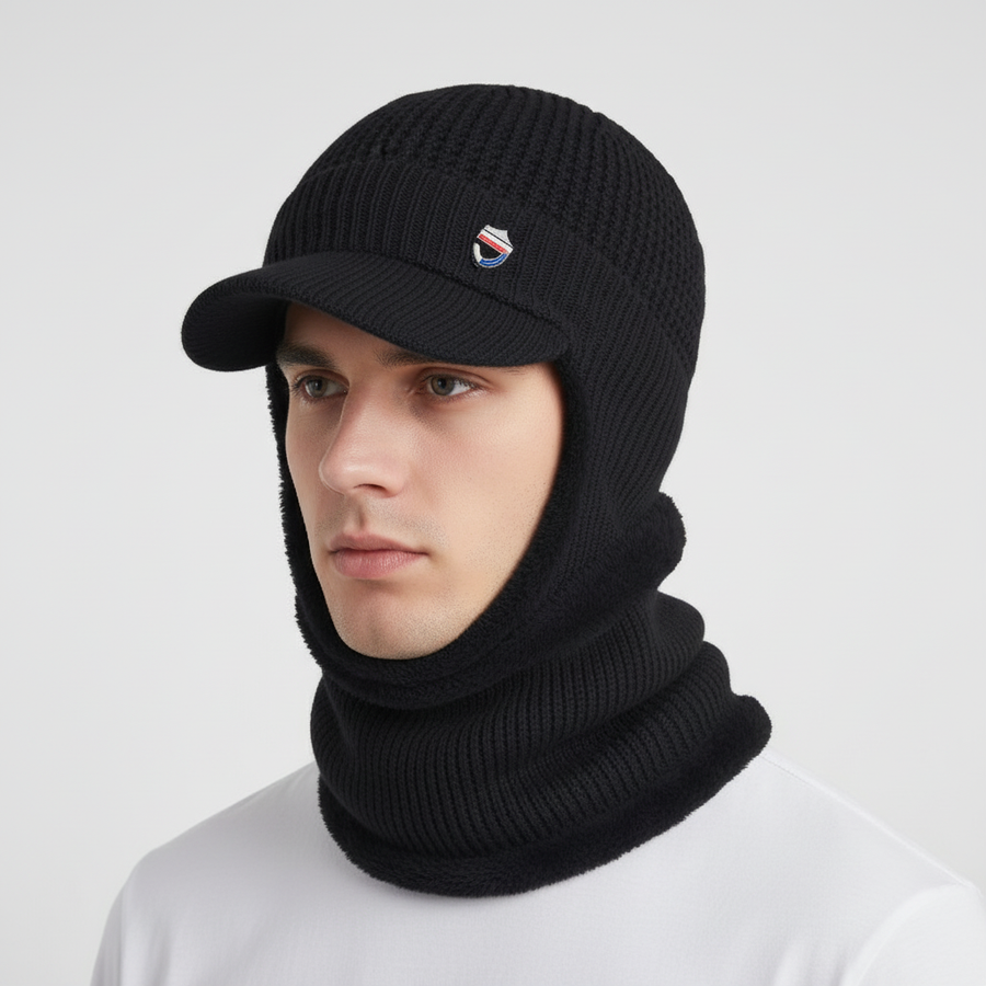 Wintermuts voor heren met klep & nekwarmer, gevoerde gebreide muts