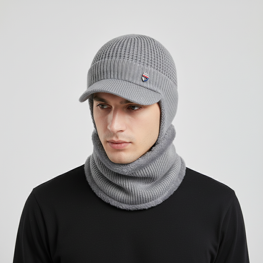 Wintermuts voor heren met klep & nekwarmer, gevoerde gebreide muts