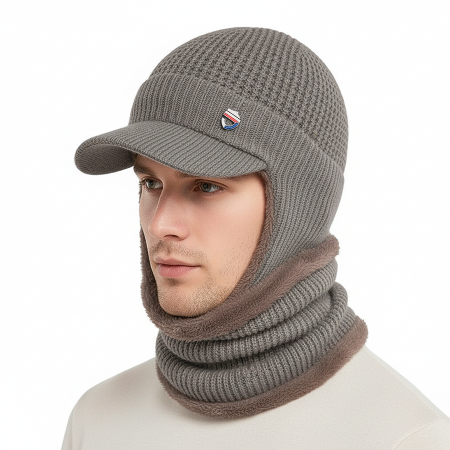 Wintermuts voor heren met klep & nekwarmer, gevoerde gebreide muts