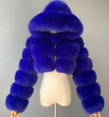Kurze Damen Kunstfelljacke mit Kapuze, gestreiftes Design