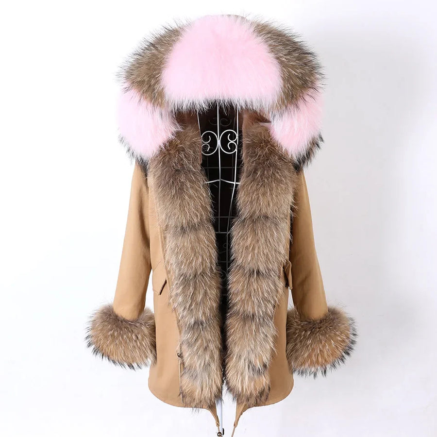 Damen Parka Jacke mit Kapuze und Fellimitatbesatz olivgrün