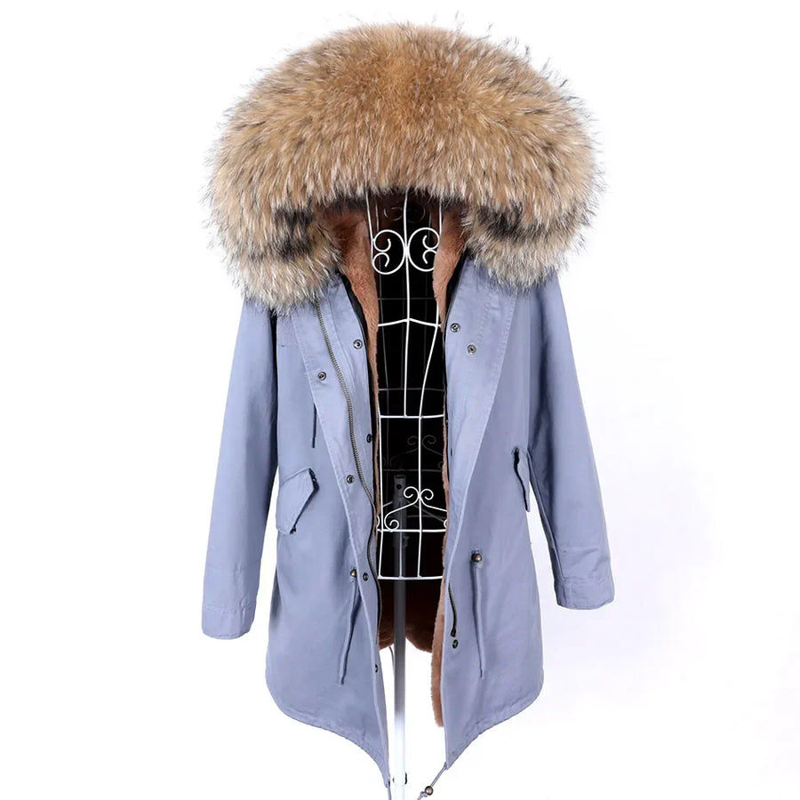 Damen Parka Jacke mit Kapuze und Fellimitatbesatz olivgrün