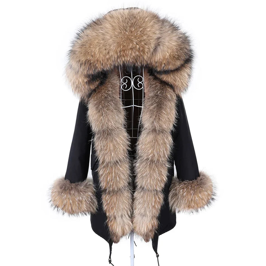 Damen Parka Jacke mit Kapuze und Fellimitatbesatz olivgrün