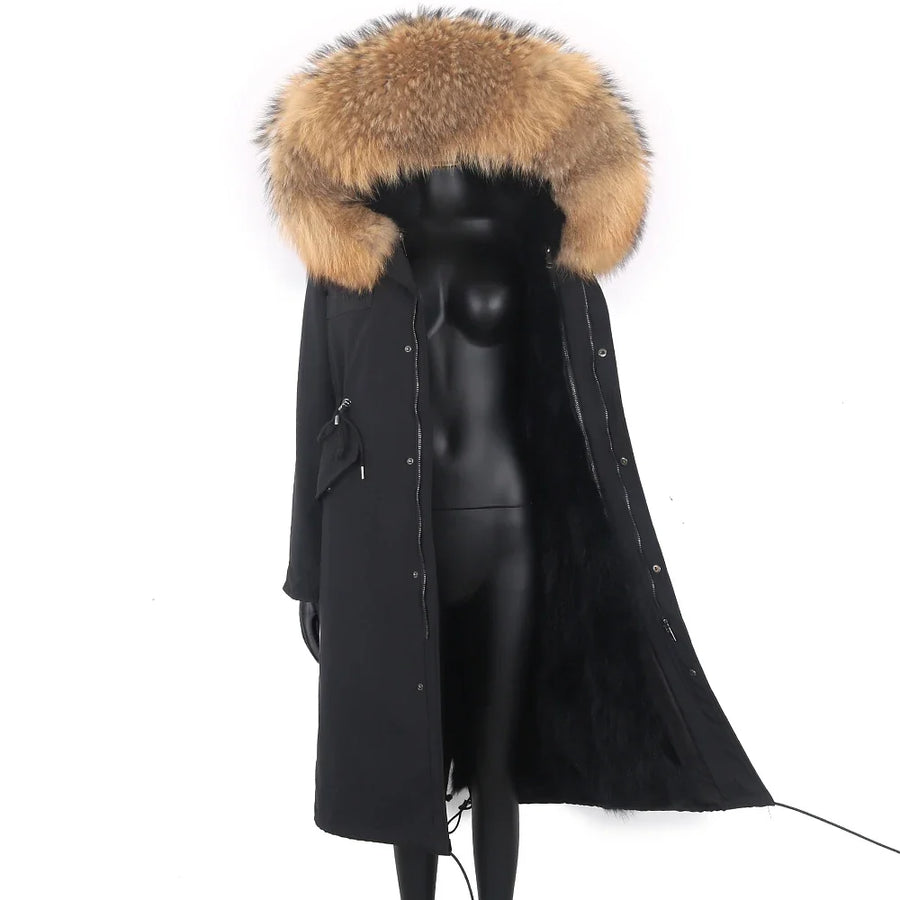 Parka mit Fellkapuze & Fellfutter langer Wintermantel Damen