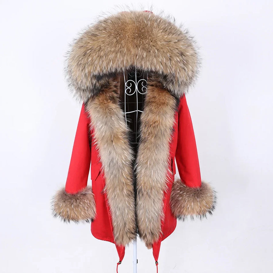 Damen Parka Jacke mit Kapuze und Fellimitatbesatz olivgrün