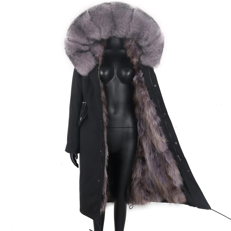 Parka mit Fellkapuze & Fellfutter langer Wintermantel Damen