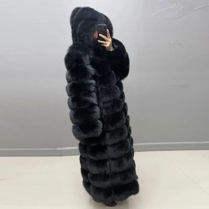 Damen Langer Mantel mit Kapuze aus weichem Material Schwarz