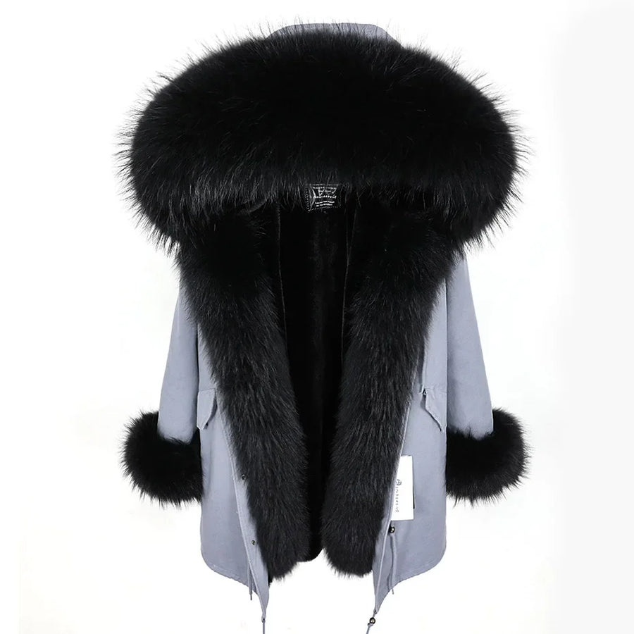 Damen Parka Jacke mit Kapuze und Fellimitatbesatz olivgrün