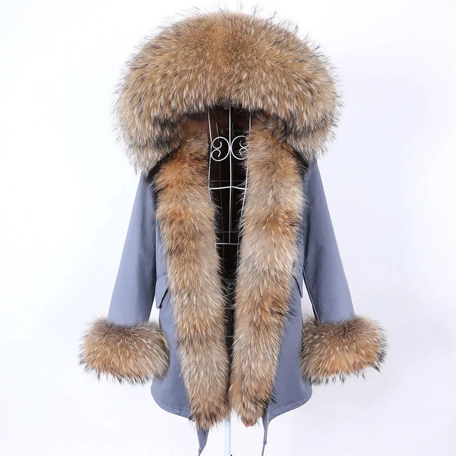 Damen Parka Jacke mit Kapuze und Fellimitatbesatz olivgrün