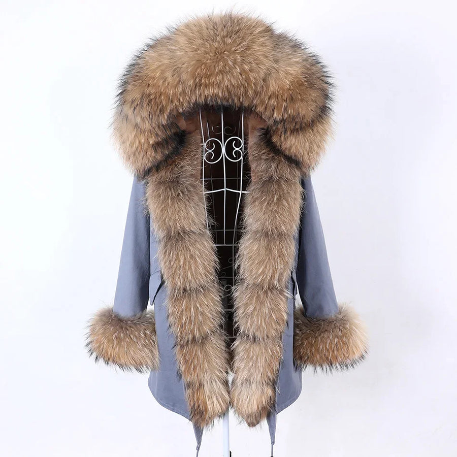 Damen Parka Jacke mit Kapuze und Fellimitatbesatz olivgrün