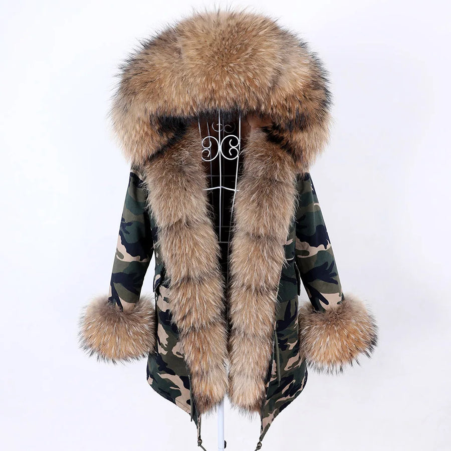 Damen Parka Jacke mit Kapuze und Fellimitatbesatz olivgrün
