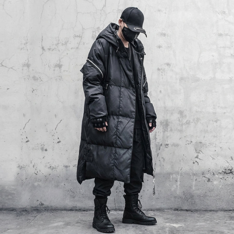 Langer Schwarzer Daunenparka mit Kapuze und Reißverschlussdetails