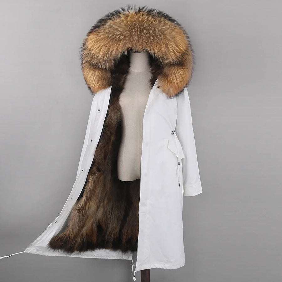 Damen Winterparka lang mit Kapuze und Fellimitat-Futter Weiß
