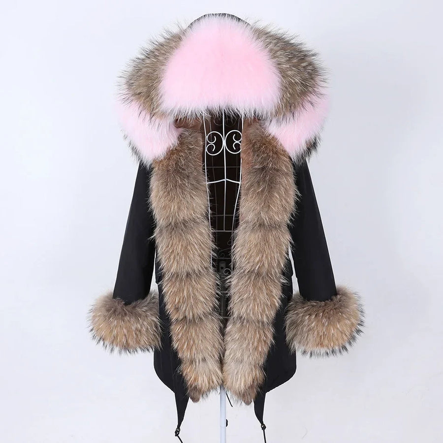 Damen Parka Jacke mit Kapuze und Fellimitatbesatz olivgrün