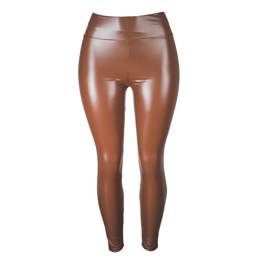 Damen Glänzende Leggings Hoher Bund Schwarz