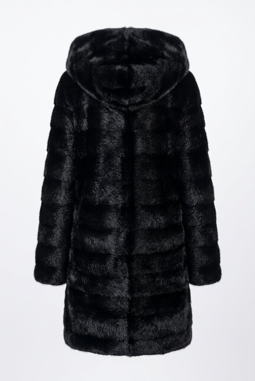 Zwarte dameswintermantel met capuchon, lange mantel in imitatiebontlook