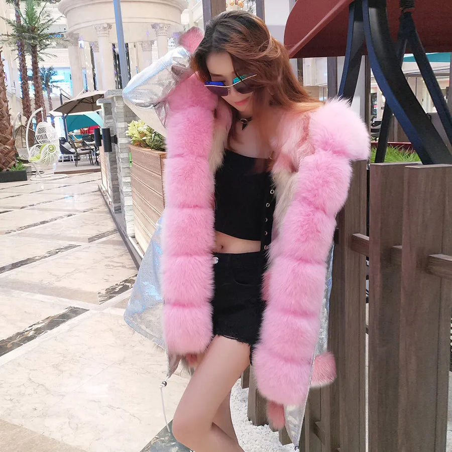 Damen Winterparka mit Kapuze und Plüschfutter, Lange Winterjacke