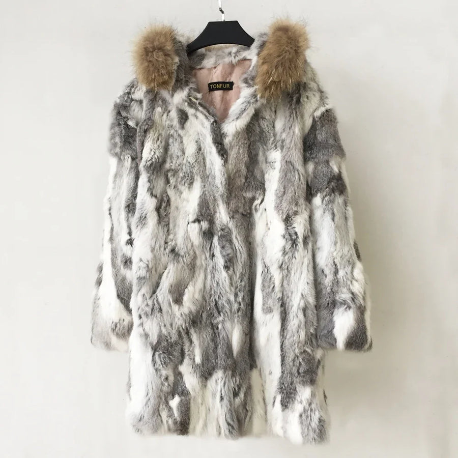 Damen Mantel mit Kapuze und Fellimitat-Besatz