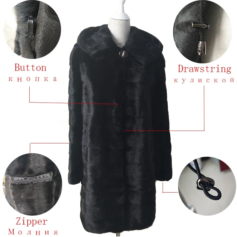 Damen Wintermantel Schwarz mit Kapuze Langer Mantel Faux-Pelz-Optik