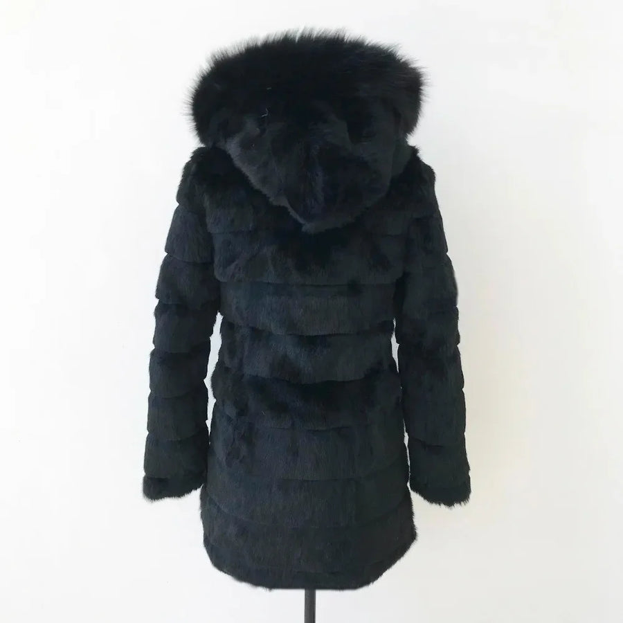 Damen Wintermantel Schwarz mit Kapuze und Pelzbesatz, Plüsch-Look