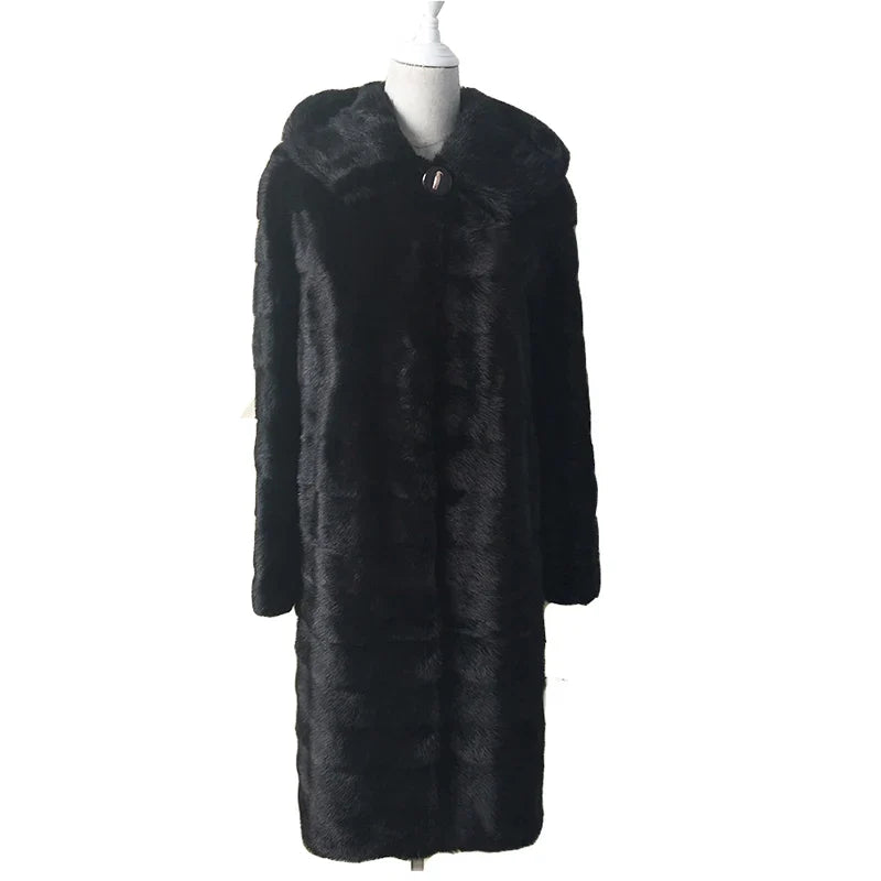 Damen Wintermantel Schwarz mit Kapuze Langer Mantel Faux-Pelz-Optik