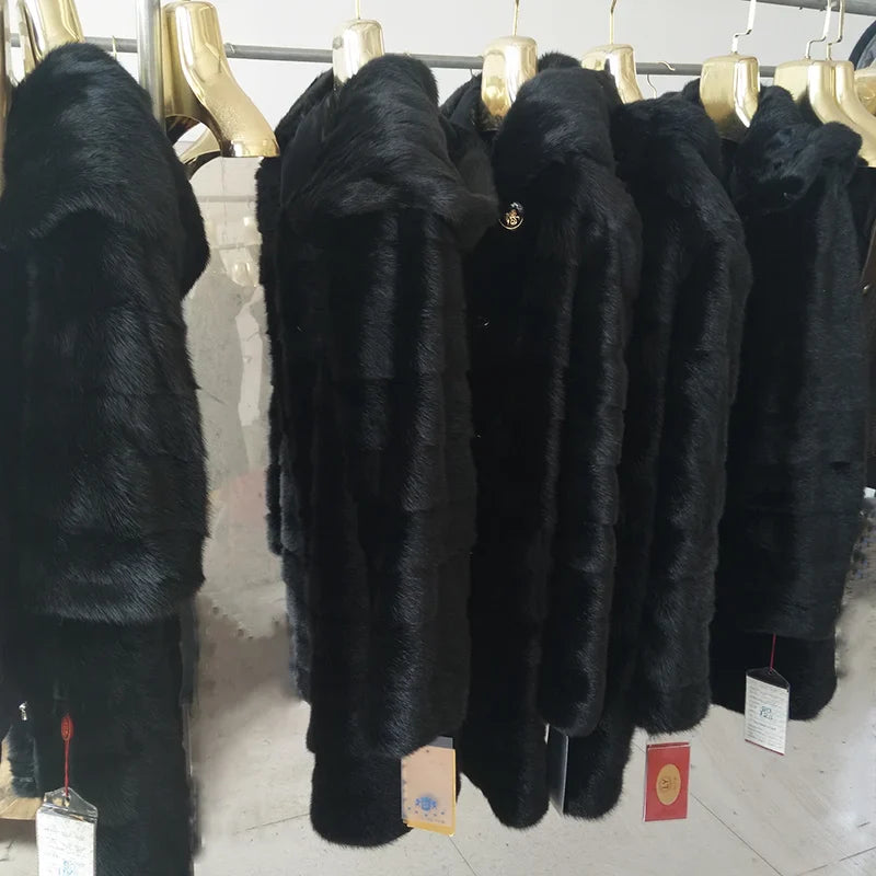 Damen Wintermantel Schwarz mit Kapuze Langer Mantel Faux-Pelz-Optik