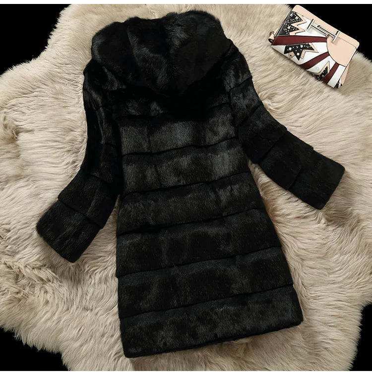 Damen Kapuzenjacke im Pelz-Look, Kurzmantel Rosa oder Schwarz, weicher Kunstpelz