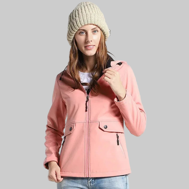 Dames-outdoorjas met capuchon en ritssluiting - weerbestendig, softshell-look, kleurrijk patroon