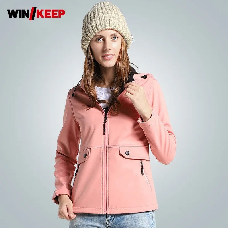 Damen Outdoor Jacke mit Kapuze & Reißverschluss – Wetterfest, Softshell-Optik, Bunt gemustert