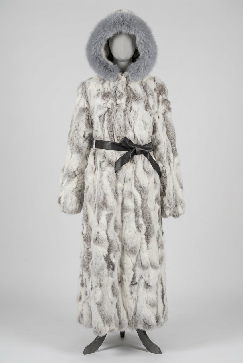Dameswinterjas met capuchon, wit-grijs patroon in bontlook, kraag van imitatiebont, ceintuur