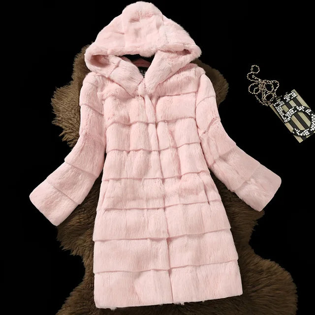 Damen Kapuzenjacke im Pelz-Look, Kurzmantel Rosa oder Schwarz, weicher Kunstpelz