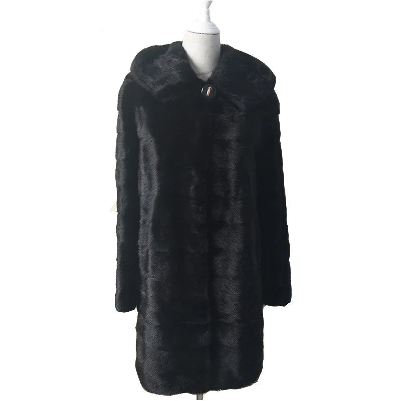 Zwarte dameswintermantel met capuchon, lange mantel in imitatiebontlook