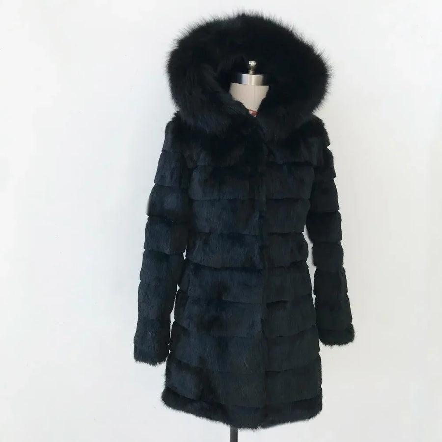 Damen Wintermantel Schwarz mit Kapuze und Pelzbesatz, Plüsch-Look