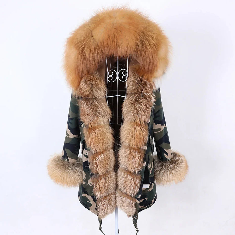 Damen Parka Jacke mit Kapuze und Fellimitatbesatz olivgrün