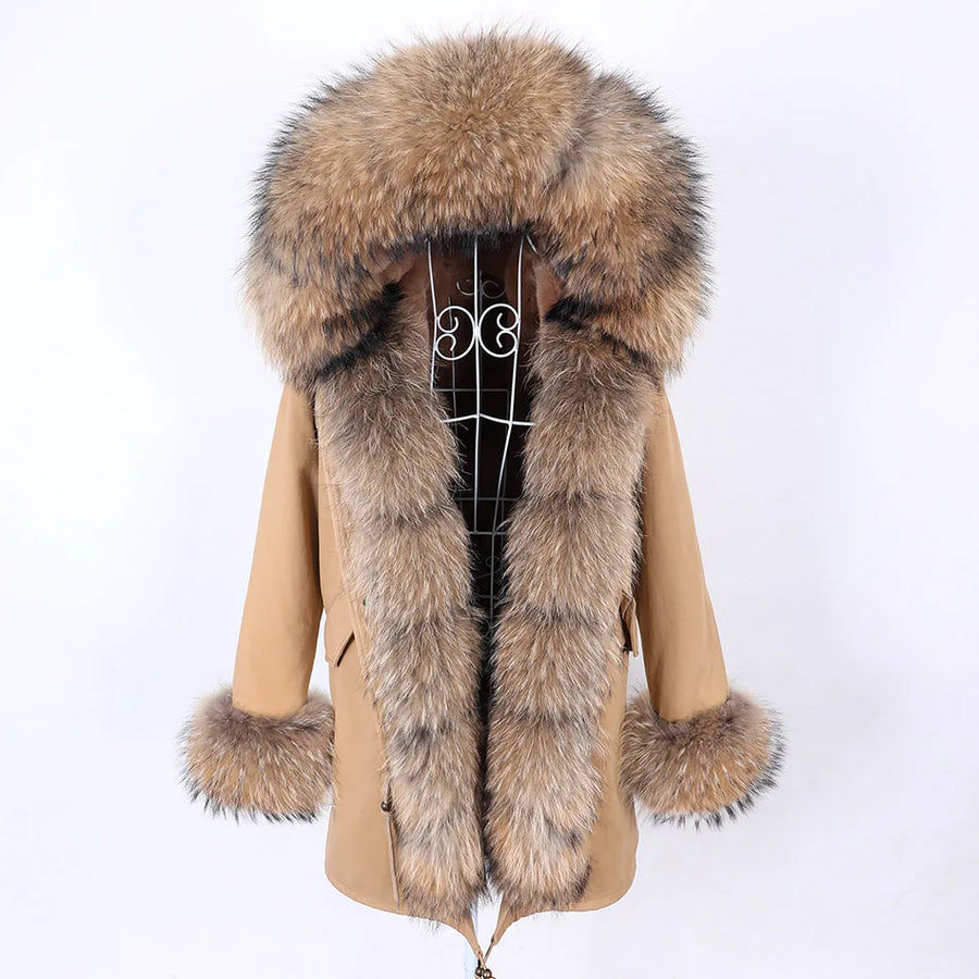 Damen Parka Jacke mit Kapuze und Fellimitatbesatz olivgrün