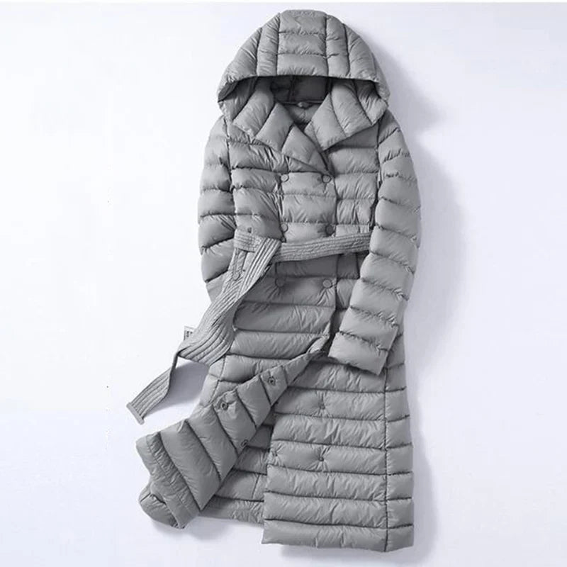 Damen Steppmantel mit Kapuze & Gürtel, Lang, Zweireihig