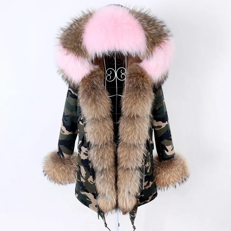 Damen Parka Jacke mit Kapuze und Fellimitatbesatz olivgrün