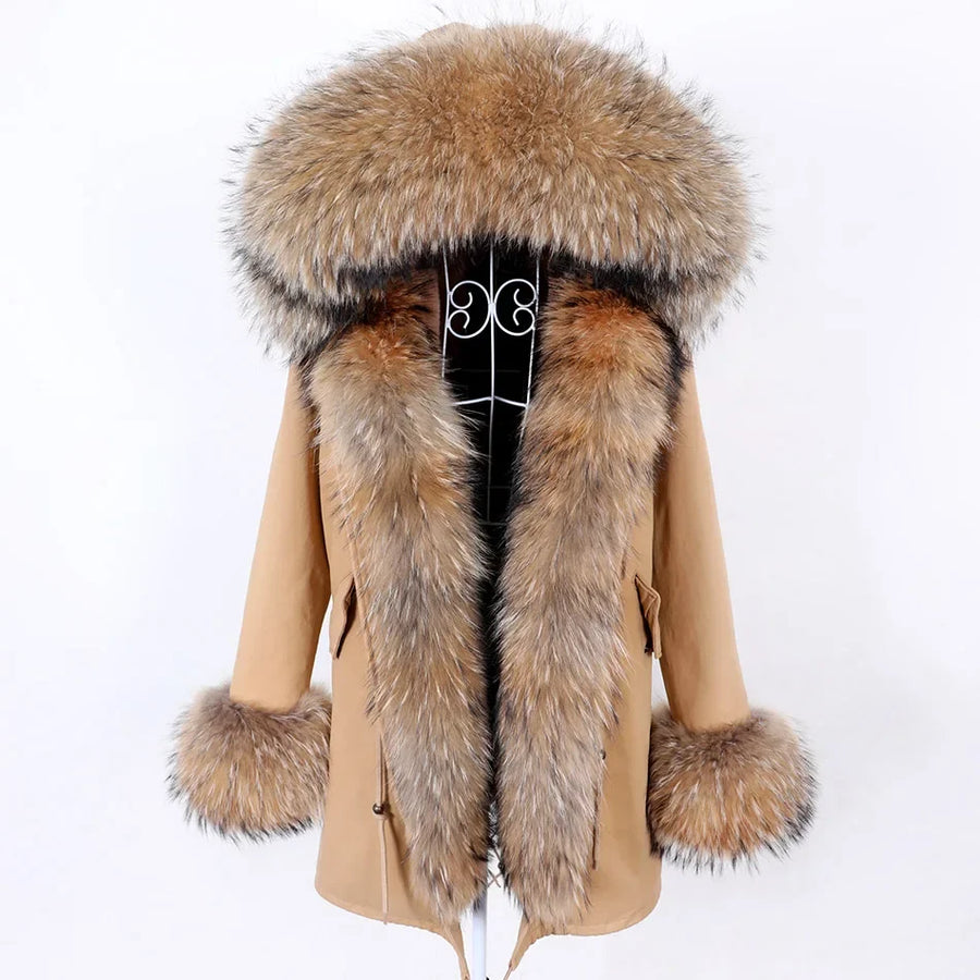 Damen Parka Jacke mit Kapuze und Fellimitatbesatz olivgrün